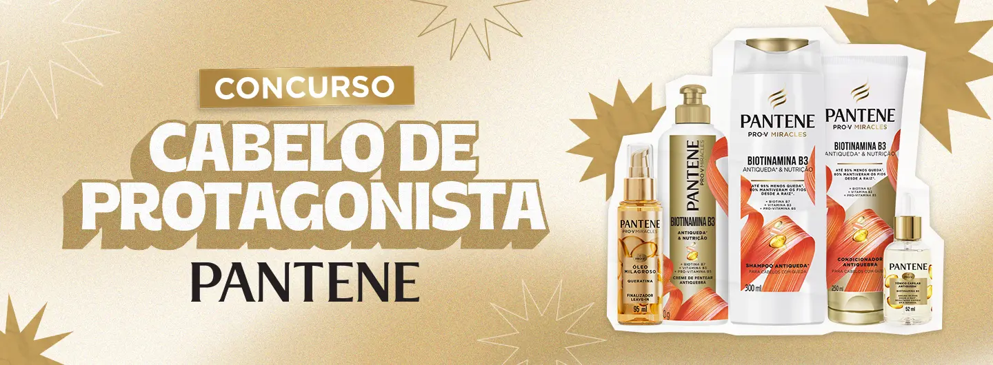 Produtos da linha Pantene Biotinamina B3 e Óleo Milagroso, com o texto “Concurso Cabelo de Protagonista Pantene” em destaque.