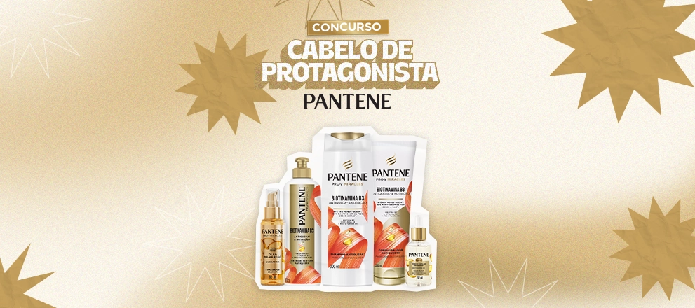Produtos da linha Pantene Biotinamina B3 e Óleo Milagroso, com o texto “Concurso Cabelo de Protagonista Pantene” em destaque.