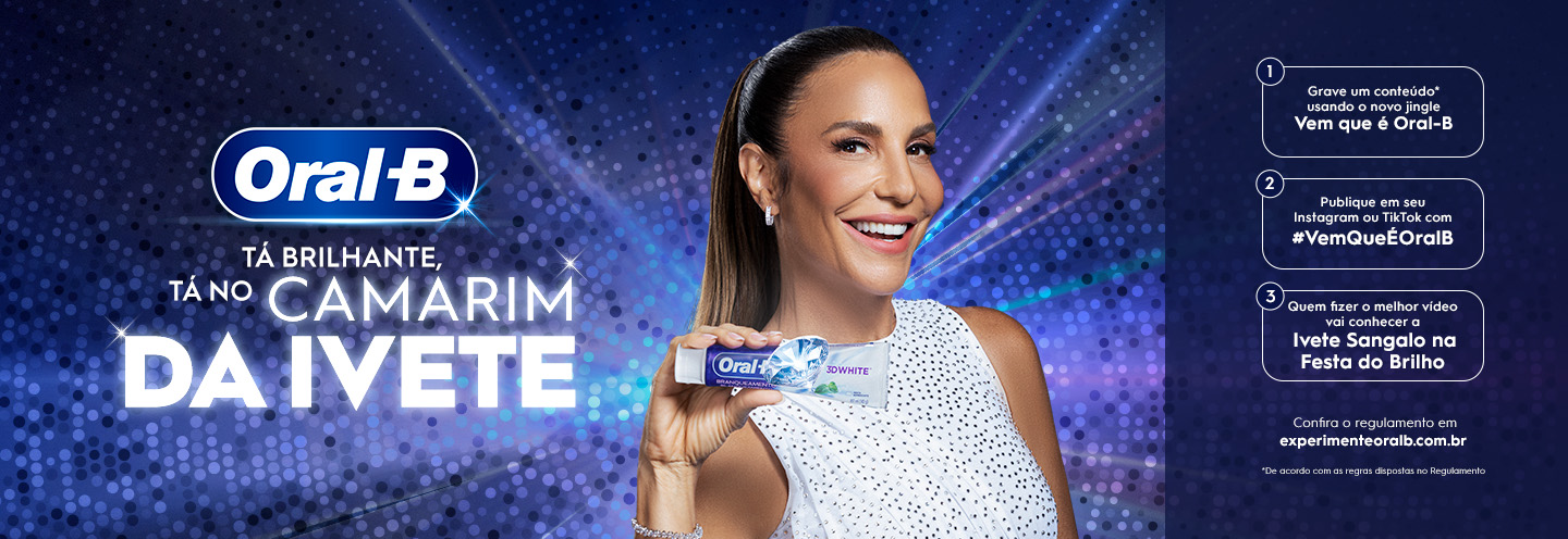 Banner do concurso Vem que é Oral-B da Oral-B em parceria com Ivete Sangalo. No centro da imagem, a cantora aparece sorrindo, usando um vestido branco de brilho, segurando uma escova dental Oral-B em destaque. Ao fundo, há um cenário em tons de azul e roxo com efeito de luzes e brilho. À esquerda, estpa o logotipo da Oral-B acompanhando do slogan (Tá brilhante Tá no Camarim da Ivete). À direita, há um paniel escuro com instruções numeradas de participação na ação: gravar um conteúdo usando o novo jingle (Vem que é Oral-B) publicar no instagram ou tiktok com a hashtag #VemQueÉOralB e concorrer à chance de conhecer Ivete Sangalo no Bloco do Brilho. Texto do site: experimenteoralb.com.br.