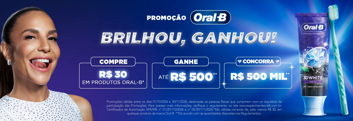Banner da campanha “Brilhou, Ganhou” com o logo de Oral-B, mostrando a 3DW e iconic + Ivete Sangalo, com fundo azul escuro.