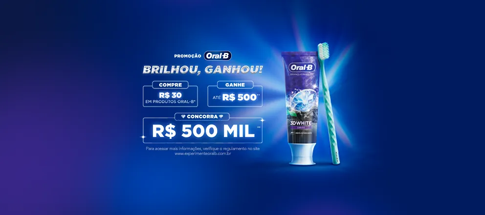 Banner da campanha “Brilhou, Ganhou” com o logo de Oral-B, mostrando a 3DW e iconic + Ivete Sangalo, com fundo azul escuro.